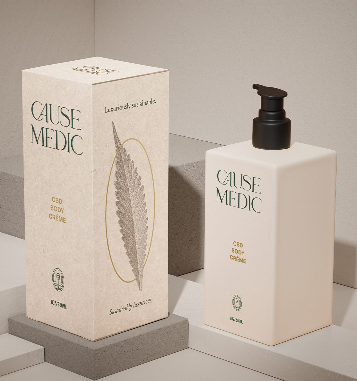 Cause Medic CBD Body Crème bottle and packaging on a neutral background