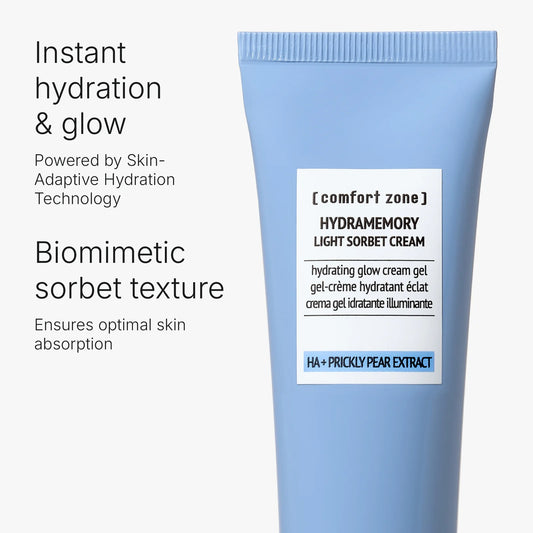 Blue tube of 'comfort zone' Hydramemory Light Sorbet Cream with text on a white background