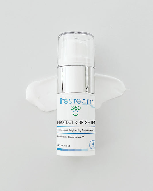 Bottle of anti aging face cream labeled "Protect & Brighten" with cream swatch