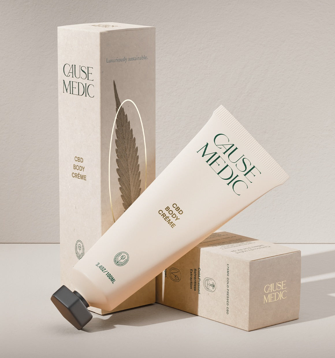 Travel size Cause Medic CBD body crème with packaging on a neutral background