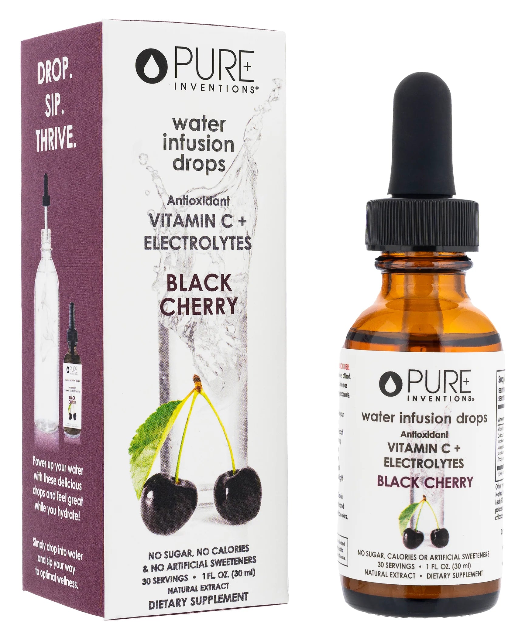 Pure Inventions Black Cherry water infusion drops with packaging on a white background