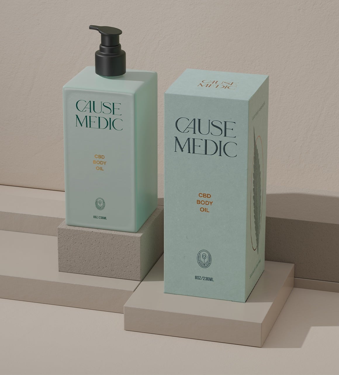 "Cause Medic" CBD body oil bottle and packaging on a neutral background