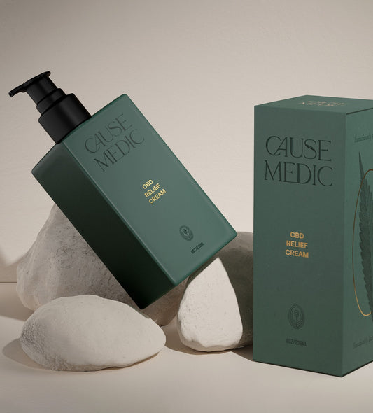 8 oz Cause Medic CBD Relief Cream bottle and packaging on a neutral background