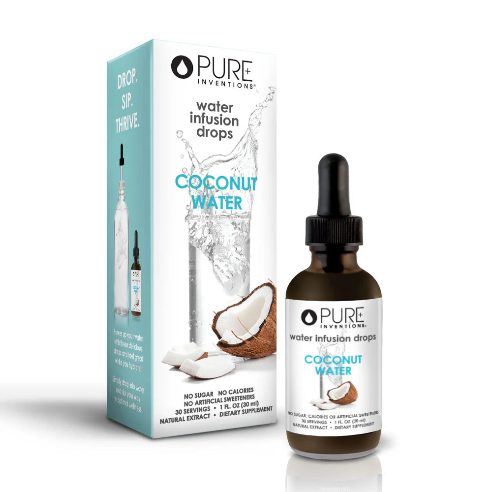 Package for coconut water infusion drops next to a bottle with dropper cap