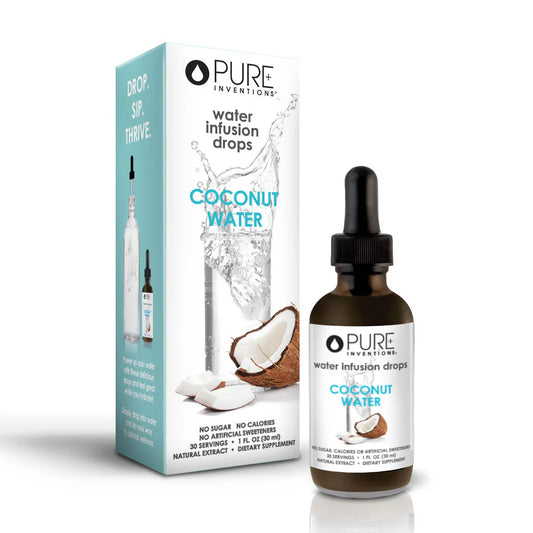 Package for coconut water infusion drops next to a bottle with dropper cap