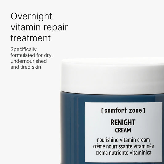 Jar of 'Renight Cream' with text about overnight vitamin repair treatment on a white background