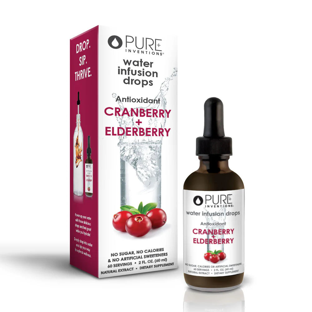 Pure Inventions Cranberry Elderberry water infusion drops with packaging on a white background