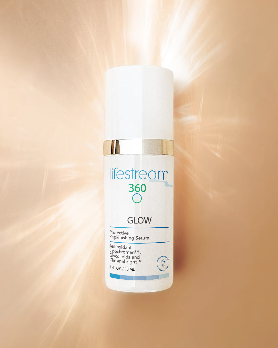 Lifestream 360 Glow serum bottle on a beige background