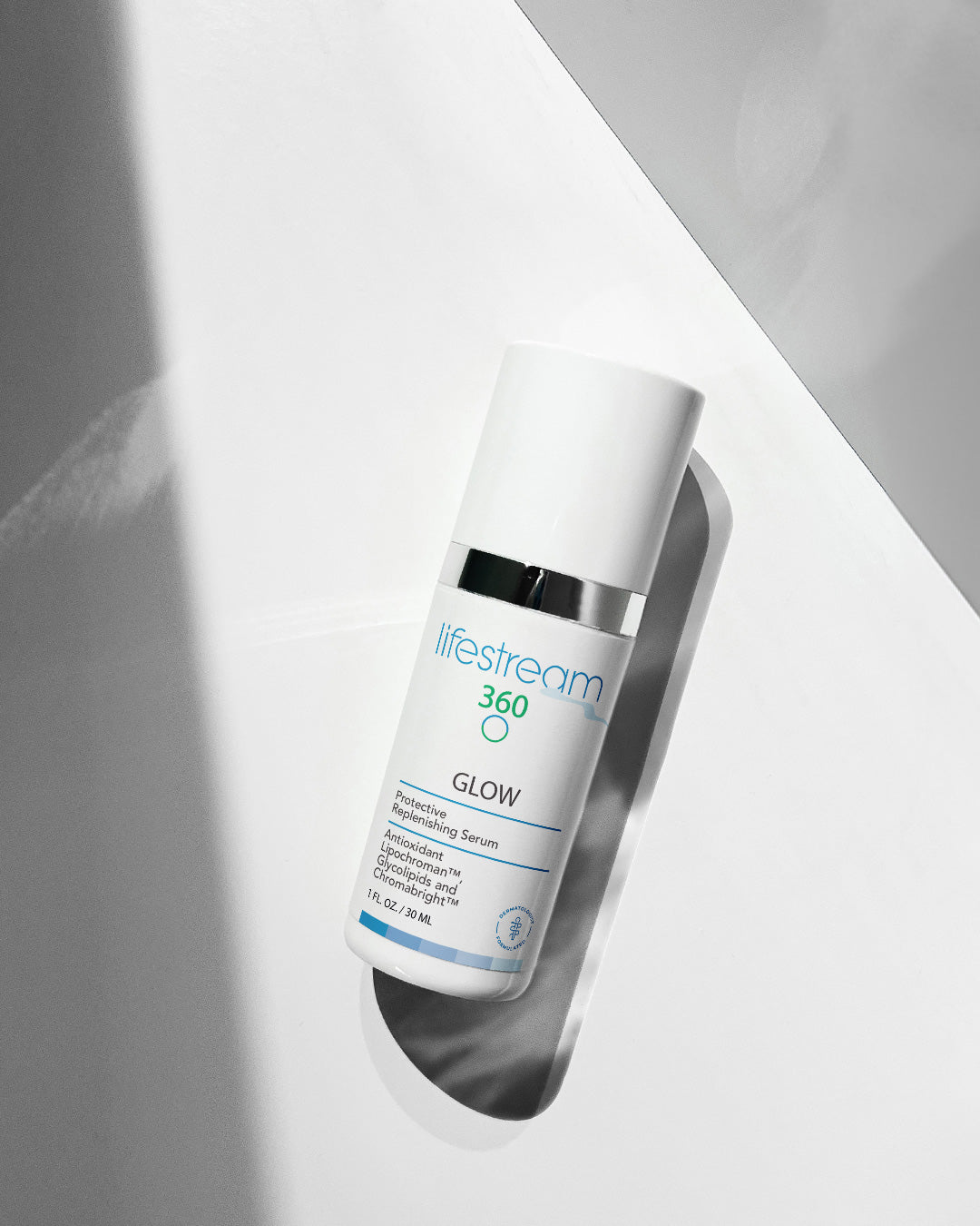 Bottle of face serum labeled "Lifestream 360 Glow" with a spotlight on it