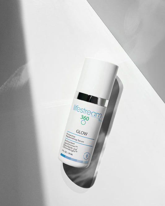 Bottle of face serum labeled "Lifestream 360 Glow" with a spotlight on it