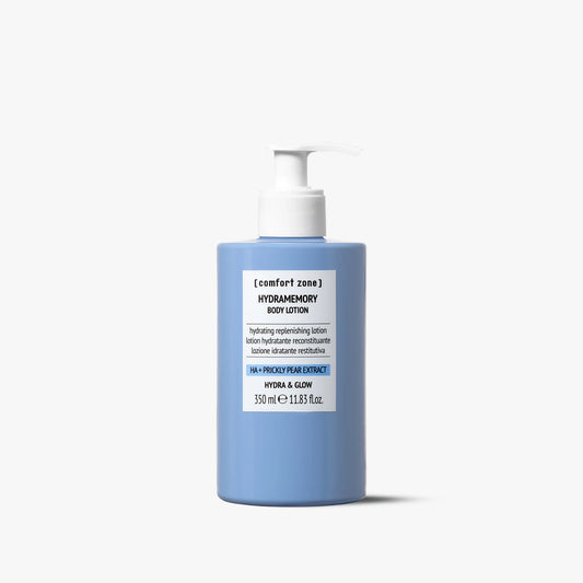 Blue bottle of Hydramemory body lotion from Comfort Zone on a white background