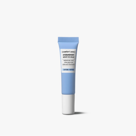 A blue tube of Hydramemory eye cream on a whie background