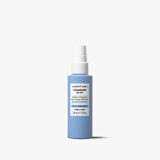 Blue spray bottle of Hydramemory face mist on a white background
