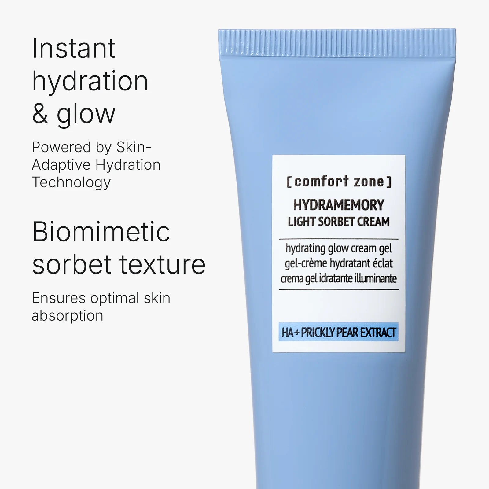 Blue tube of 'comfort zone' Hydramemory Light Sorbet Cream with text on a white background