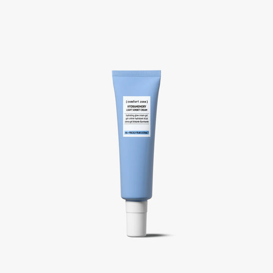 A blue tube of Hydramemory light sorbet cream with a white background