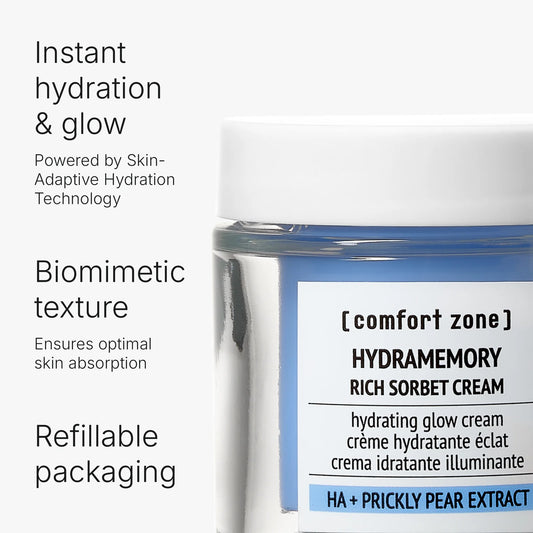 Hydramemory sorbet cream bottle with text highlighting features on a white background