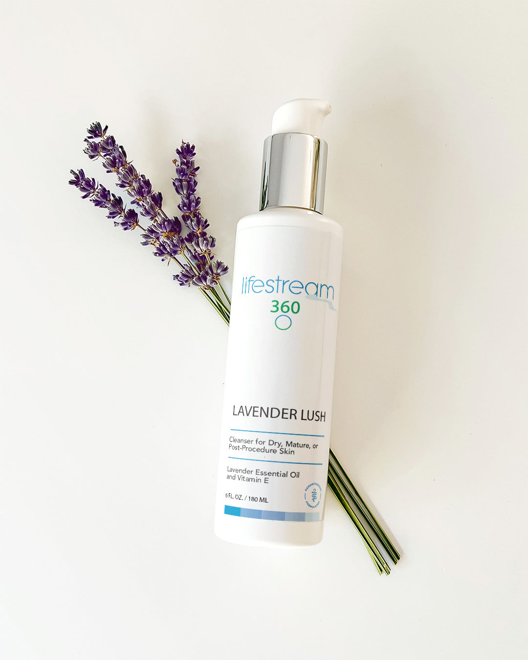 Lifestream 360 Lavender Lush skin cleanser with lavender flowers on a white background