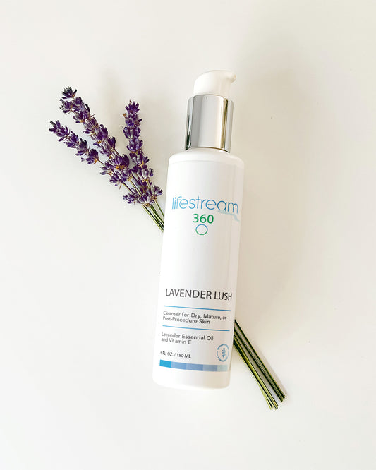 Lifestream 360 Lavender Lush skin cleanser with lavender flowers on a white background