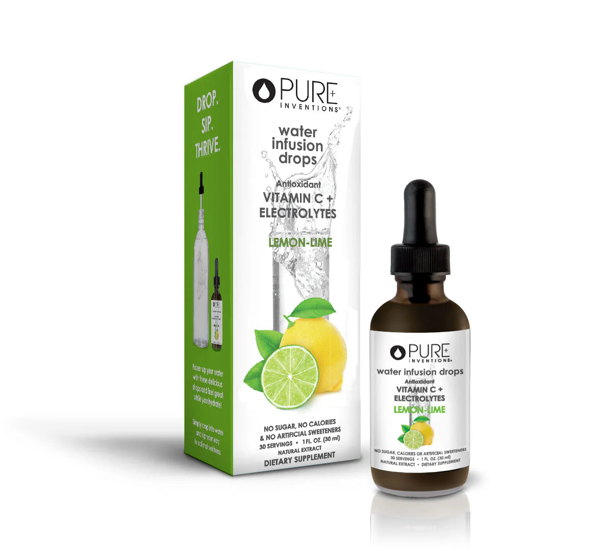 Lemon lime flavored water infusion drops packaging with bottle on a white background