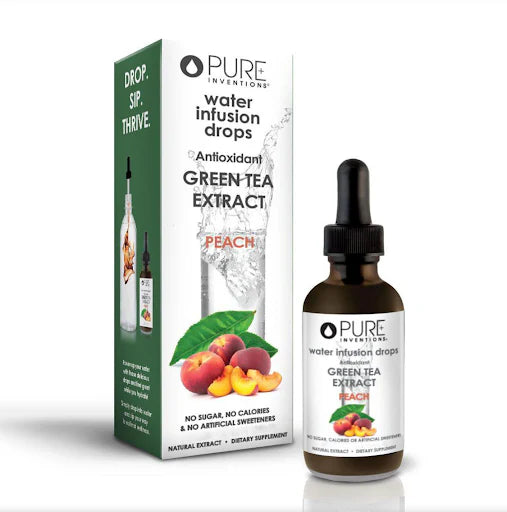 Pure inventions green tea extract bottle and packaging on a white background