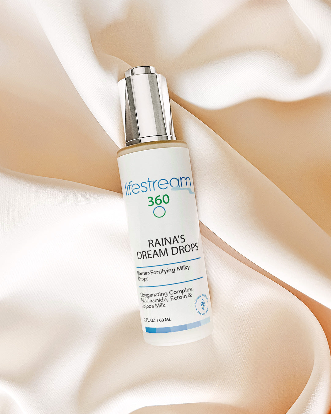 Lifestream 360 Raina's Dream Drops bottle on a silky beige background
