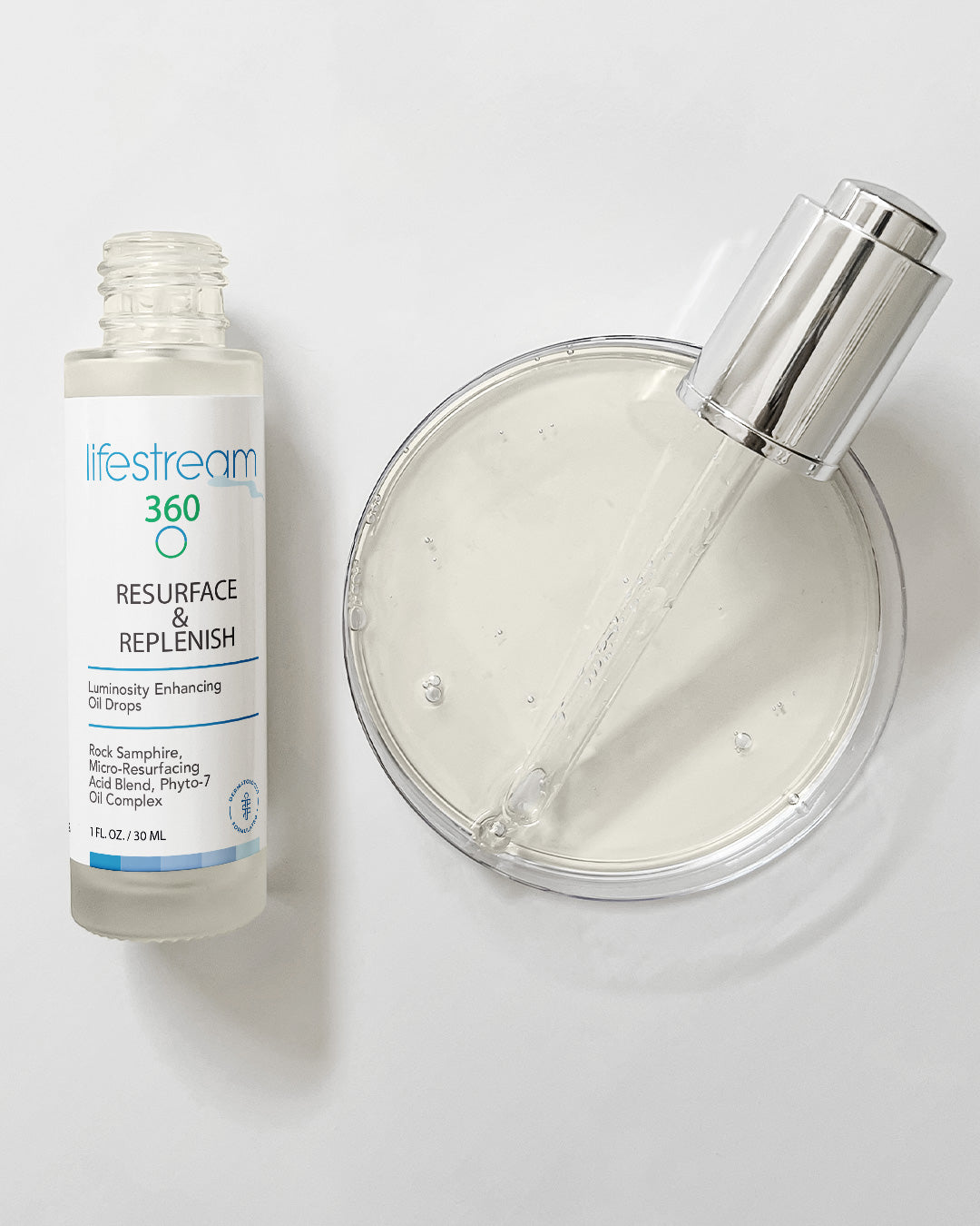 Bottle of Lifestream 360 "Resurface and Replenish"  oil on a white background