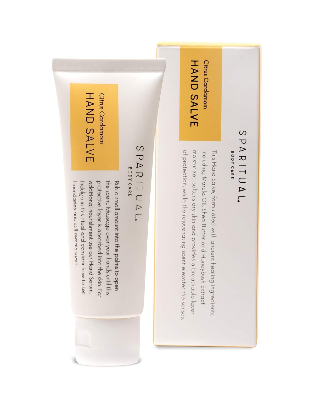 Spa Ritual hand salve tube and packaging on a white background