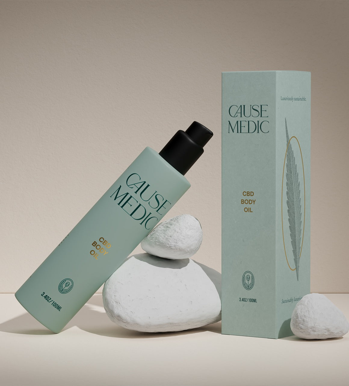 Travel size CBD body oil bottle and packaging on a neutral background