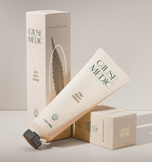 Travel size Cause Medic CBD body crème with packaging on a neutral background
